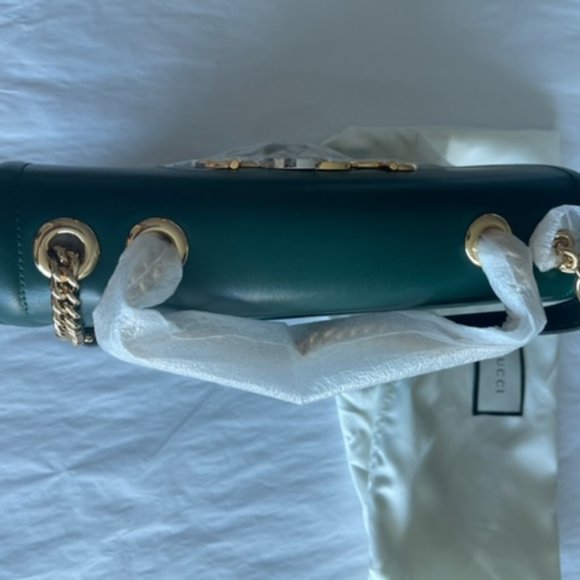 Gucci Rajah Chain Shoulder Bag Leather Medium Gold Dark Green Handbag Vitello NW - Picture 10 of 16